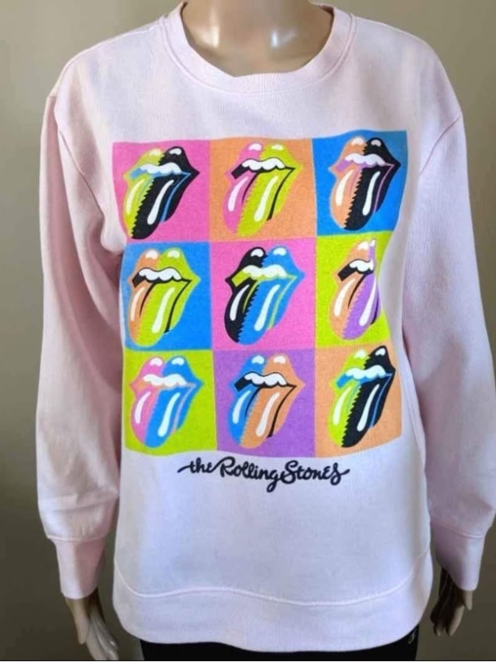 the Rolling Stones Pastel Pink Pop Art Tongue Sweater, youth large